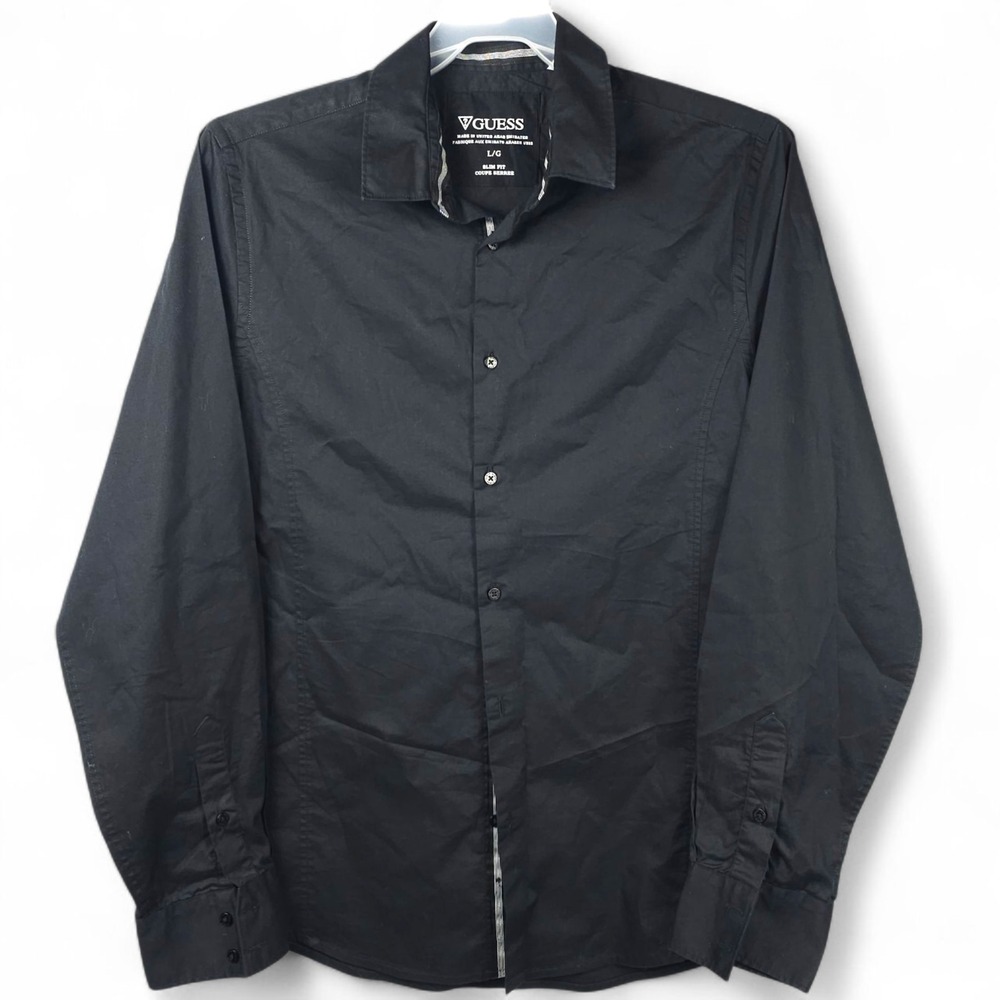 GUESS Mens Shirt Large L Slim Fit Black Long Sleeve Button Up Dress Spot